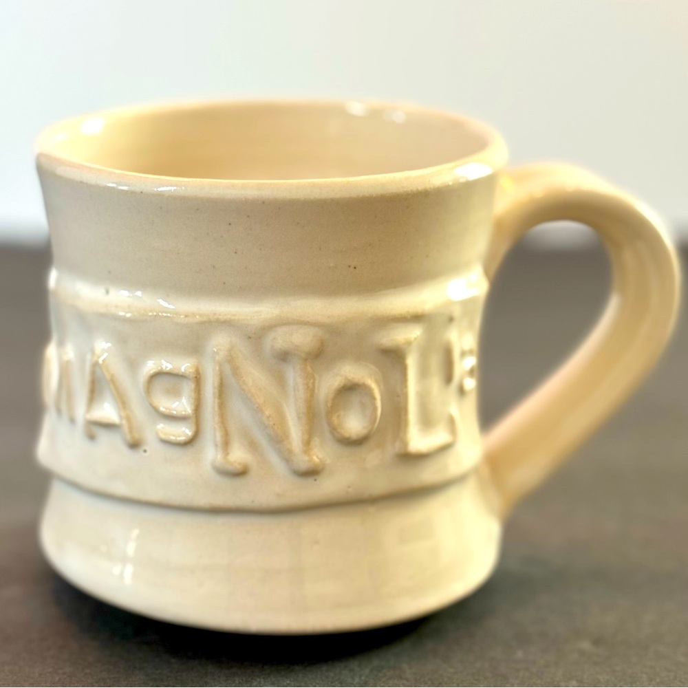 mAgNoLia Ivory Coffee Mug Cup Joanna Gaines Hand Made 3D Pottery Black Oak Art